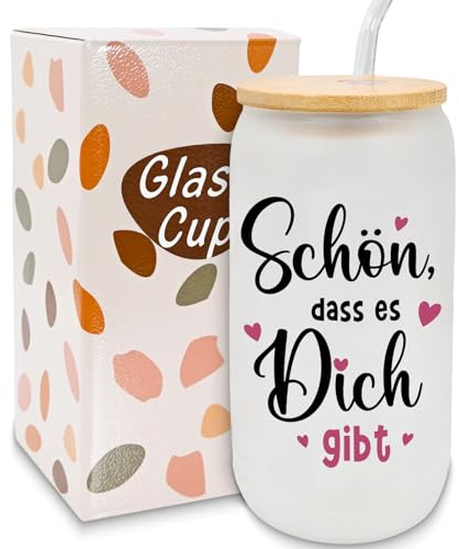 HSSPIRITZ Geschenke für Frauen Männer, Trinkglas mit strohhalm und deckel, Schön, dass es Dich gibt, Iced Kaffeegläser. Ideal für Bier, Cocktails, Saft und Wasser, geschenk für frauen
