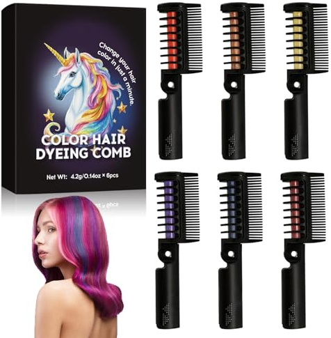 Haarkreide Kamm, 6 Farben Sofort Haarfarbe Farbstoff, Regenbogen Temporäre Haar Wimperntusche, Bunte Abwaschbar Haarfarbe Kreide für Mädchen & Frauen, Langlebig Sanft Haarmascara für Alle Haartypen