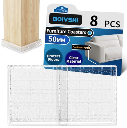 50mm Square Carpet Protector Cups, 8PCS Trasnparent Furniture Coaster, Clear Castor Cups, Sofa Leg Floor Protectors