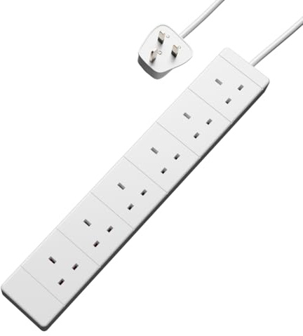 rhinocables 13A UK Extension Lead (5m, White) | Six Way Socket Cable for Monitors, Printers & Tools, Safe BS1363/A 230V Wire for Home & Office, White