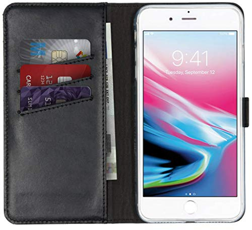 SELENCIA Bookcase Hülle kompatibel mit iPhone 8 Plus, iPhone 7 Plus – Era Leder Handytasche Side Flip Case – Handyhülle aus Rindsleder in Schwarz [3 Kartenfächer, Magnetverschluss]