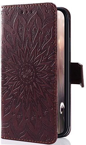 Uposao Handyhülle für Samsung Galaxy S4 Mini Leder Tasche Schutzhülle Handy Tasche Mandala Blumen Muster Book Case Leder Hülle Kunstleder Cover Klapphülle Flip Case Magnetverschluss,Braun