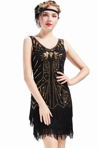 BABEYOND Damen Kleid Retro 1920er Stil Flapper Kleider mit Zwei Schichten Troddel V Ausschnitt Great Gatsby Motto Party Kleider Damen Kostüm Kleid (Gold Schwarz, XS)