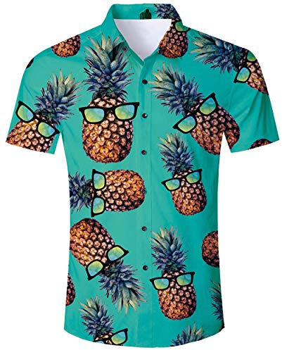 ALISISTER Hawaiihemd Herren Button Down Kurzärmliges Ananas Hemd Muster Funky Hawaii Shirts Beiläufig Strand Aloha Party Urlaub Hemden Regular Slim Fit XL