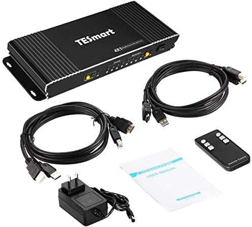 TESmart HDMI KVM Switch 4K 30Hz KVM Switcher 4 In 1 Out Audio Seemless KVM Switches, Picture in Picture Mode, USB 2.0, IR Remote | Hotkey | Auto-Switching, mit 2x1.5M KVM Kabel