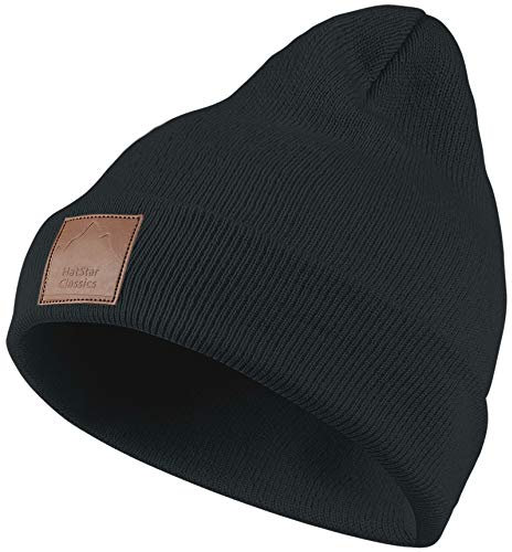 Warme Damen Beanie Mütze | Herren Mütze mit Leatherpatch | Strickmütze Wintermütze | für Frauen Männer Unisex | Cuffed Hats Weich & Warm schwarz