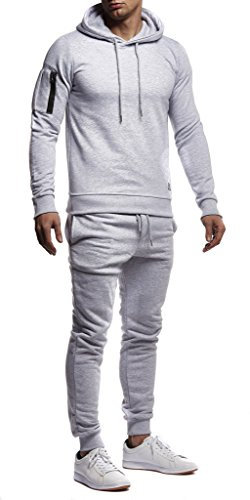 Leif Nelson Gym Herren Freizeitanzug Jogginganzug Männer lange Trainingsanzug - Jumpsuit Sportanzug Fitness Training Freizeit Kapuzenjacke Hoodie Jogginghose LN8021 Grau Medium