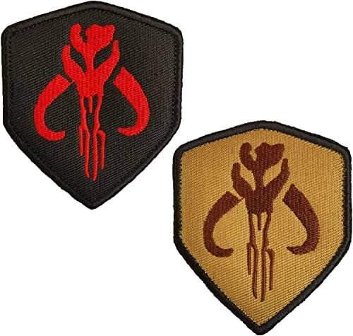 2 Pieces Star War Mandalorian Bantha Skull Mercenary Shield Bounty Hunter Boba FettMorale Military Embroidered Morale Patch Hook & Loop Tactical Patch Set for Backpacks Caps Hats Vests