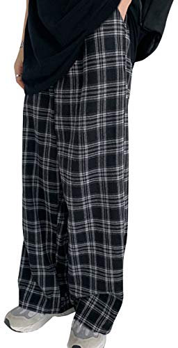 Minetom Damen Karierte Schlafanzughose weich Pyjamahose für Frauen Jogging Hose Lange Blickdicht Sporthose Ideal zum Schlaf Lauf und Spaziergang A Schwarz L