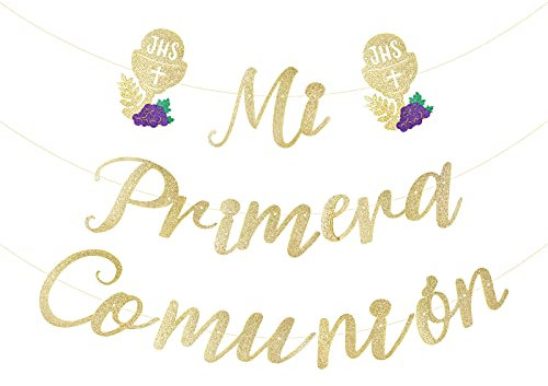 Pancarta Mi Primera Comunión Guirnalda Papel Dorada Banderín Colgar Adorno Decoración para Fiesta de Comunión First Communion