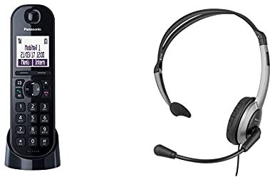 Panasonic KX-TGQ200GB DECT IP-Telefon (schnurlos, CAT-iq 2.0 kompatibel, Freisprechmodus, Anrufersperre, Eco-Plus, digitales Telefon) schwarz & Panasonic RP-TCA430E-S Headset für KX-TGxx Serie, Grau