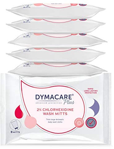 DYMACARE 2% Chlorhexidine Wash Mitts | No Rinse Alcohol-Free Hygienic Skin Cleansing Wash - 6 Packs (48 Mitts in Total)