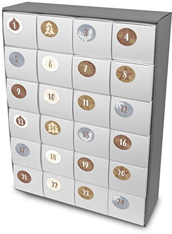 itenga großer Adventskalender 50x37cm zum Füllen 24 Schachteln zum Befüllen Quader Form weiß zum Selber Befüllen inkl Zahlenstickern grau braun