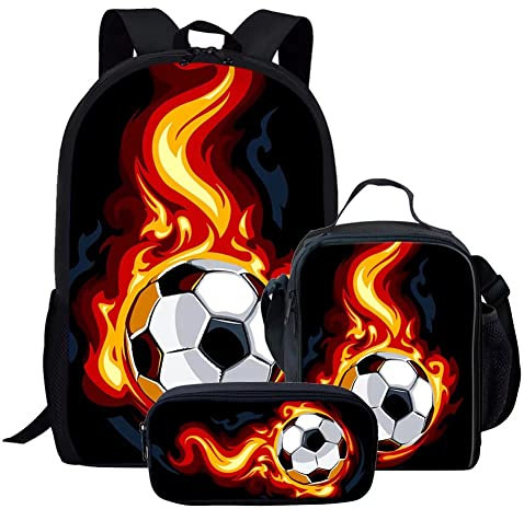 KUIFORTI Ensemble sac à dos 3 en 1 pour enfants, cartable, sac à déjeuner, trousse à crayons, cadeau pour adolescents, garçons et filles, Ballon de football 3D Fire, Taille unique, Sac à dos d'école