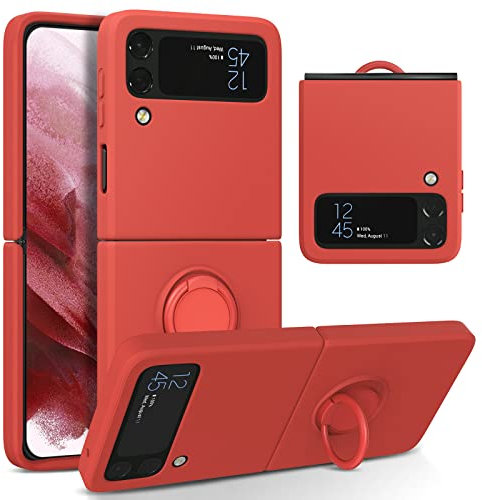 UEEBAI Silicone Case with Ring for Samsung Galaxy Z Flip 3 5G, Lightweight Foldable Slim Case Shock Absorption Slim Cover with Ring 360 Degree Rotation Stand Protective Cove - Thermal Red