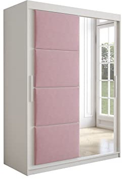 mb-moebel Armoire de Chambre avec 2 Portes coulissantes Style Contemporain Penderie (Tringle) avec étagères (LxHxP): 150cmx200cmx62cm TAPILA 2 (Blanc+ Rose)