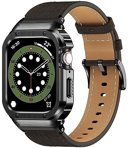 SUPLINK Funda y correas de acero inoxidable compatibles con correas de Apple Watch de 42 mm y 44 mm, correa de cuero resistente para iWatch Series SE 6 5 4 3 2 1 para hombre