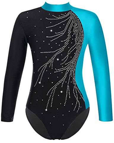 iEFiEL Kinder Mädchen Turnanzug Langarm Gymnastikanzug Glitzer Ballett Trikot Tanzkleidung Trainingsanzug Leotard Sportanzug T Grün 146-152