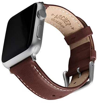 Archer Watch Straps - Uhrenarmbänder aus Hochwertigem Genarbtem Leder für Apple Watch (Mahagoni/Naturweißes Garn, Silber, 40/41/42mm)