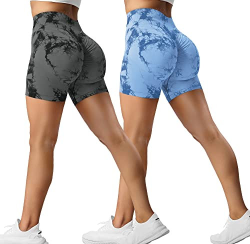 ZAAYO 2er-Pack Sport Short Damen Butt Scrunch Kurze Sporthose Laufhose Hohe Taille Kurze Hosen Butt Lift Booty Nahtlos Fitness Tie Dye Gym Shorts Black Grey-Light Blue Large