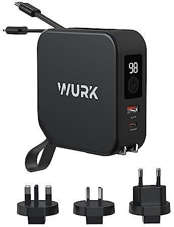 Wurk 5-in-1 PowerPack – Powerbank – kabelloses Ladegerät – Reisestecker – iPhone-Ladegerät – Samsung-Ladegerät – 10.000 mAh – schnelles Aufladen – integriertes USB-C- und L-Kabel [Schwarz]