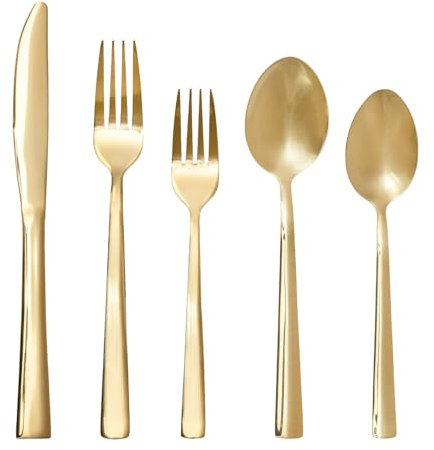 Intirilife Besteck Set 20-teilig aus Edelstahl in Gold - Je 4 Gabeln Kuchengabeln Messer Löffel Dessertlöffel - Essbesteck für 4 Personen Kantig Spülmaschinenfest Tafelbesteck
