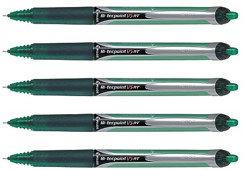 Pilot Tintenroller, Flüssigtinte, einziehbar, Hi-Tecpoint V5 RT, feine Spitze, Grün, 5 Stück
