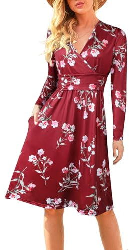 Adigaber Women's Autumn Winter Long Sleeve V-Neck Floral Casual Ladies Wrap Dress with Pockets