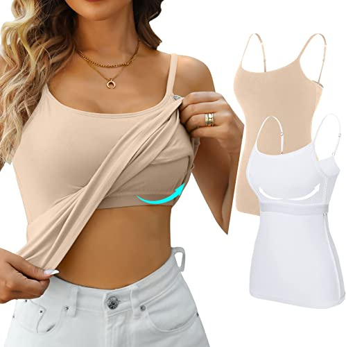 V FOR CITY Vest Top with Built in Bra Womens Camisole Top Cotton Tank Tops with Shelf Bra Adjustable M