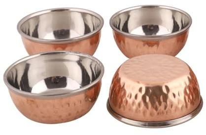 OSNICA Lot de 4 bols en acier et cuivre Katori, vaisselle et vaisselle pour maison, restaurant, hôtel, pour curry, Daal, Biryani 100 ml (5 onces)