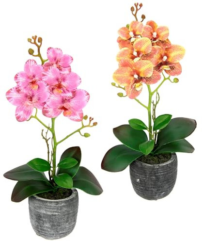 Kunstblume Schmetterling Orchidee 35cm mit Blätter im Topf Künstliche Blume Kunstorchidee Phalaenopsis Übertopf Kunstpflanze Hochzeit Deko Seidenblume Real Touch Blüte, 2er Set, orange/rosa