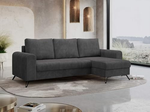 MKS MEBLE Cord Ecksofa - L-Form Cord Sofa mit Schlaffunktion - Wohnlandschaft L Form, Ecksofa mit Schlaffunktion und Bettkasten, Schlafsofa mit Bettkasten, Couch mit Schlaffunktion - Dunkelgrau Hugo