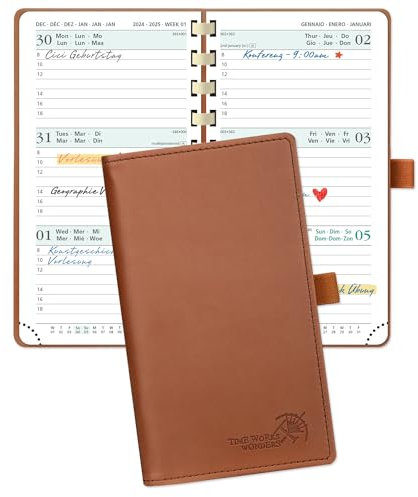 POPRUN Taschenkalender 2025 Klein 16,5 x 9 cm (Aug.2024-Dez.2025) - Kalender 2025 Klein Ringbuch mit Softcover - Terminplaner, Planer 1 Woche 2 Seite mit Kartenschlitz - Braun