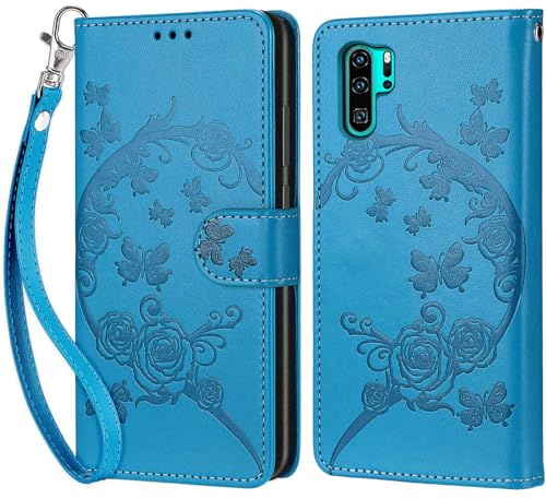 Handyhülle für Huawei P30 Pro Hülle, Blau | PU Leder Flip, Klappbar, Stoßfest, Magnetisch, Standfunktion, Kartenfächer, Retro Design, Handgelenkband