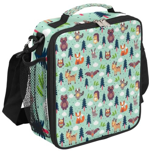 GeMeFv Lonchera de oso del bosque para mujeres y hombres, lonchera pequeña reutilizable con correa ajustable para el hombro (patrón animal)