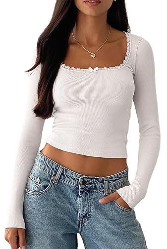 Women's Slim Fit Crop Tops Casual Solid Color Crew Neck Long Sleeve Tight T-Shirt Basic Blouse Tee Tops (WA Lace White, M)