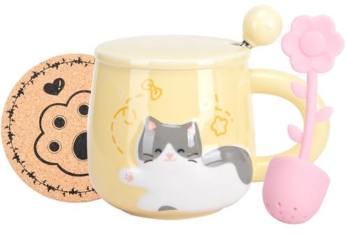 XinHuiGY Ceramic Coffee Mug,Cute Cat Tea Cups, with Lid and Stainless Steel Spoon,Hot Chocolate Novelty Handmade Mugs, Christmas, Birthday Gift for Girls Women (Yellow Kitten)