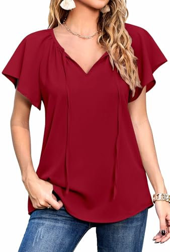 Neineiwu Bluse Kurzarm Damen Shirts Casual Elegante Bluse V-Ausschnitt Tunika Tops für Damen blusenrock Fashion Made in Italy blusen Damen elegant festlich Tunika Damen Langarm,Wine Red,S