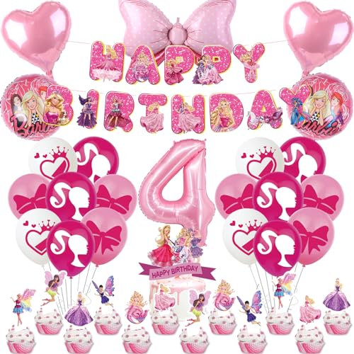Prinzessin Deko Set für Mädchen 4 Jahre - 38 Stück Barbi Geburtstag Thema Mit Luftballon Rosa, Tortendeko, Happy Birthday Banner - Party Dekoration