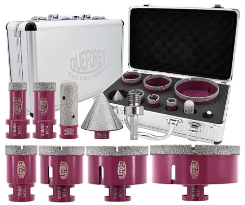 QUEFORET Punte Diamantate Gres Porcellanato 9 Pezzi - 6 Pezzi 20/25/35/50/68/100mm x M14 Punte Trapano, 20mm Fresa, 50mm Punte Smusso, Adattatore per Porcellana Piastrelle Ceramica Marmo Granito
