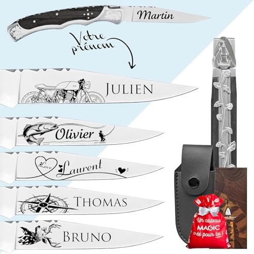 KDO MAGIC - Couteau homme personnalisé - Marque laguiole gravé avec un prénom - Couteau personnalisable - Couleur noir - Cadeau Fête des pères - Idée cadeau pour homme, Papa, Papy - Acier Inoxydable