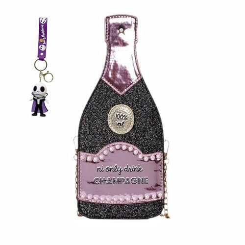 FAPIPOS Novelty Champagne Bottle Bag,Fun Shape Purse Chainstrap Glitter,Fun Party Crossbody Bag for Women., Blcak