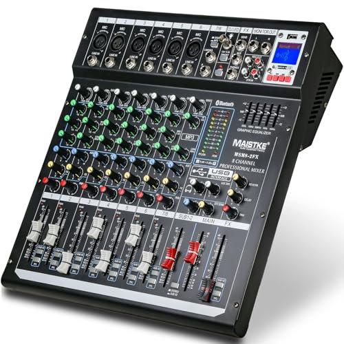 jindaaudio - Mixer audio a 8 canali, DJ Mixer Board con Bluetooth e USB, mixer soundboard con alimentazione phantom da 48 V, Sounds Mixer Board con effetto FX Reverb Delay per streaming
