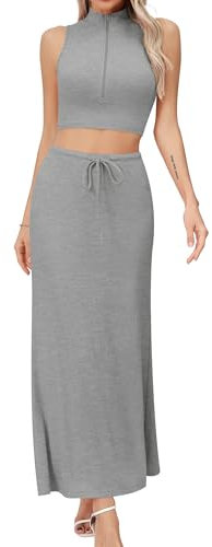Missufe Damen 2 Teiler Outfits Sommer Ärmelloses Crop Top und Langer Maxirock Strick Reißverschluss Set Zweiteiliger Anzug (Grau meliert, Large)