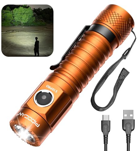 PIOOCAN S10Pro 2500 Lumens Rechargeable Tactical Flashlight, Compact Pocket Mini LED Super Bright Small Flashlight for Emergency, EDC, Searching, Camping, Hiking, Everyday Use (Orange)