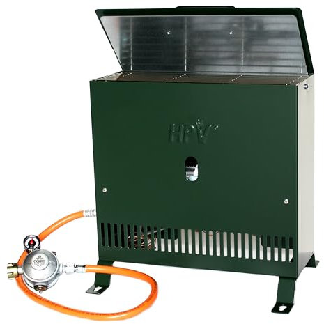 Gewächshausheizung 2kW mit Thermostat und Piezozündung für Wandmontage oder im Stand montierbar Gasheizer inkl. Schlauch HPV made in Germany (Mit Druckminderer (Innenbereich))
