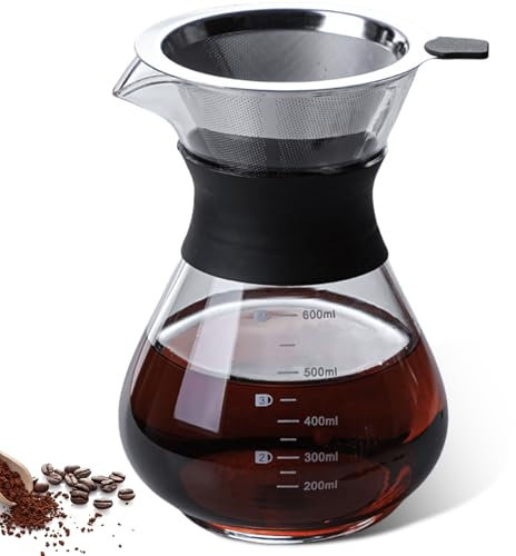 GOMETY Pour Over - Cafetera de cristal de borosilicato de 600 ml con filtro de acero inoxidable de doble capa, filtro permanente, cafetera de goteo, color negro