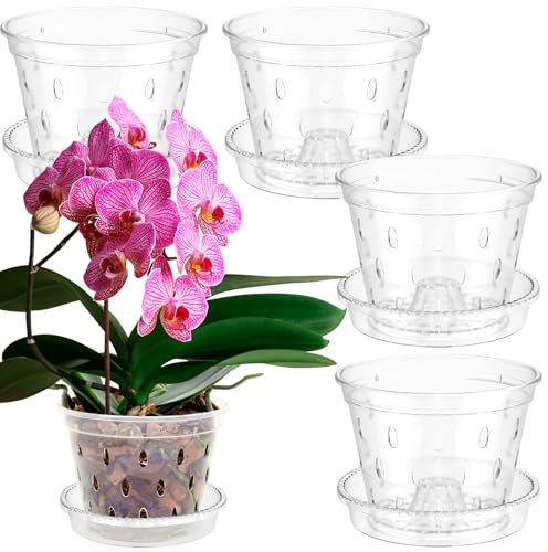 Vaso per orchidee trasparente, 5 vasi in plastica con fori e piattini, robusto vaso per piante traspirante, vasi per piante da casa, kit di rinvaso per orchidee (M)