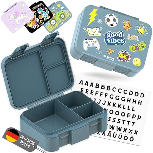 BEARFOOT Bento Box COMPACT | BPA-freie Kinder Brotdose für Schule & Kindergarten | Auslaufsichere Lunchbox für Mädchen & Jungen | Praktisch, leicht & kompakt (Sticker-blau, 650ml)