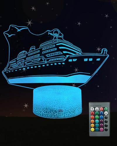 Kenmaca Cruise Ship 3D Illusion Night Light, 16 Colors Changing, Toy Lamp | Dimmable, Touch & Remote Control, Boys Girls Bedroom Room Decor, Birthday Christmas Gift Souvenirs for Toddler Kid Teen